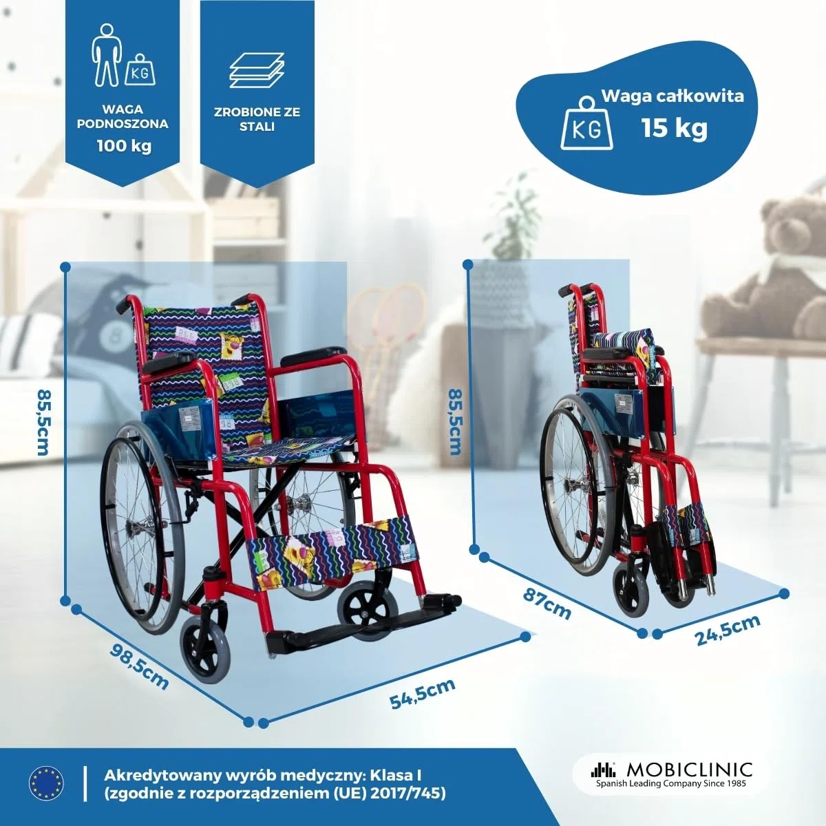 Mobiclinic, wózek inwalidzki dziecięcy, składany, hamulec na uchwytach, podnóżek i stałe ramiona, tapicerowane czerwonym nadrukiem, siedzisko, ultralekkie, model Teatro