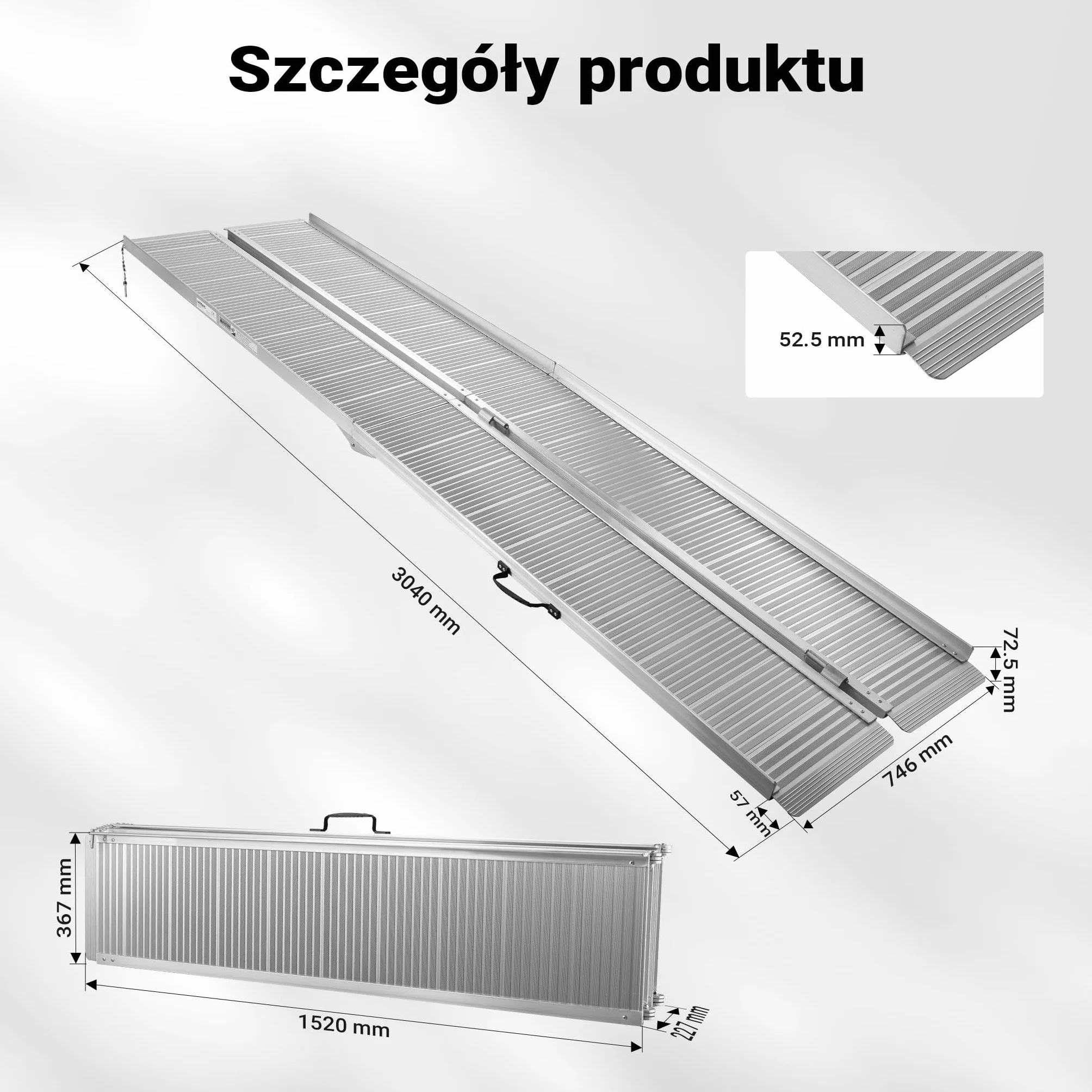 Wiltec Składana rampa najazdowa dla wózków inwalidzkich 303 cm, mobilna rampa podjazdowa do 270 kg, aluminiowa profilowana rampa załadunkowa