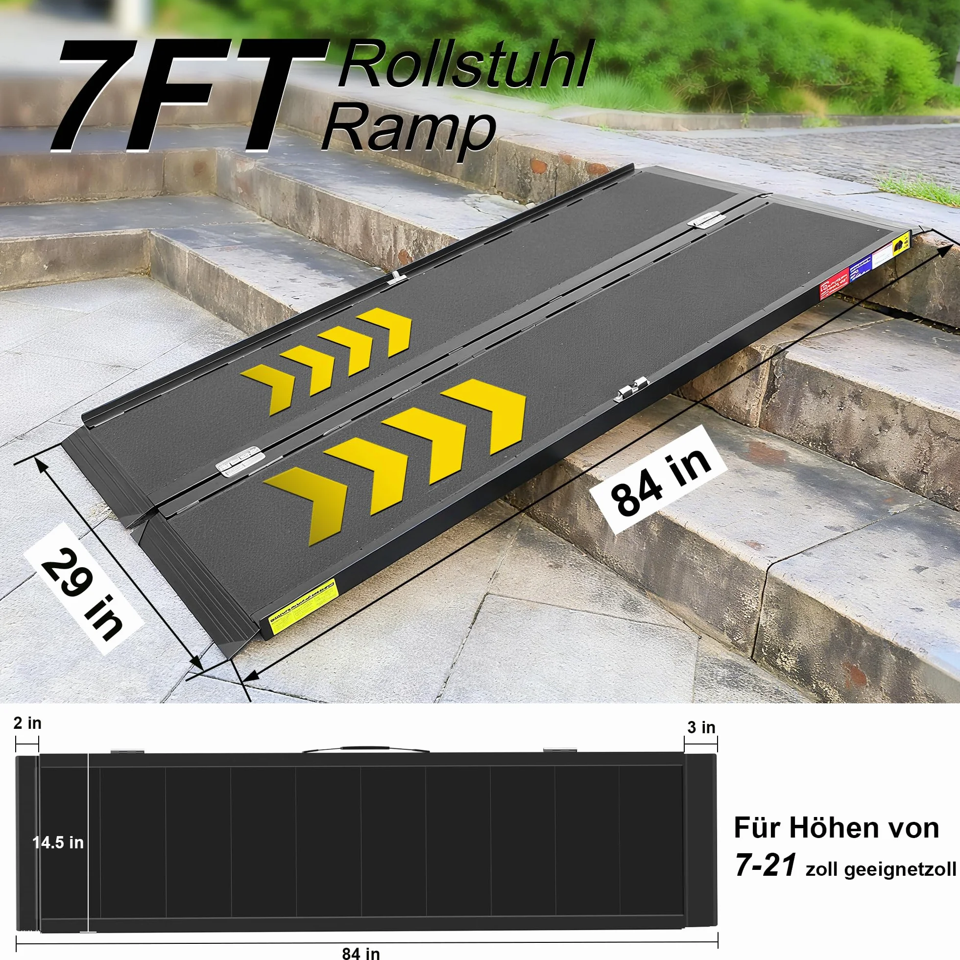 Przenośna rampa dla wózków inwalidzkich – Regulowana (61 cm - 305 cm) | Do 272 kg obciążenia | Antypoślizgowa i stabilna (2,1 m)