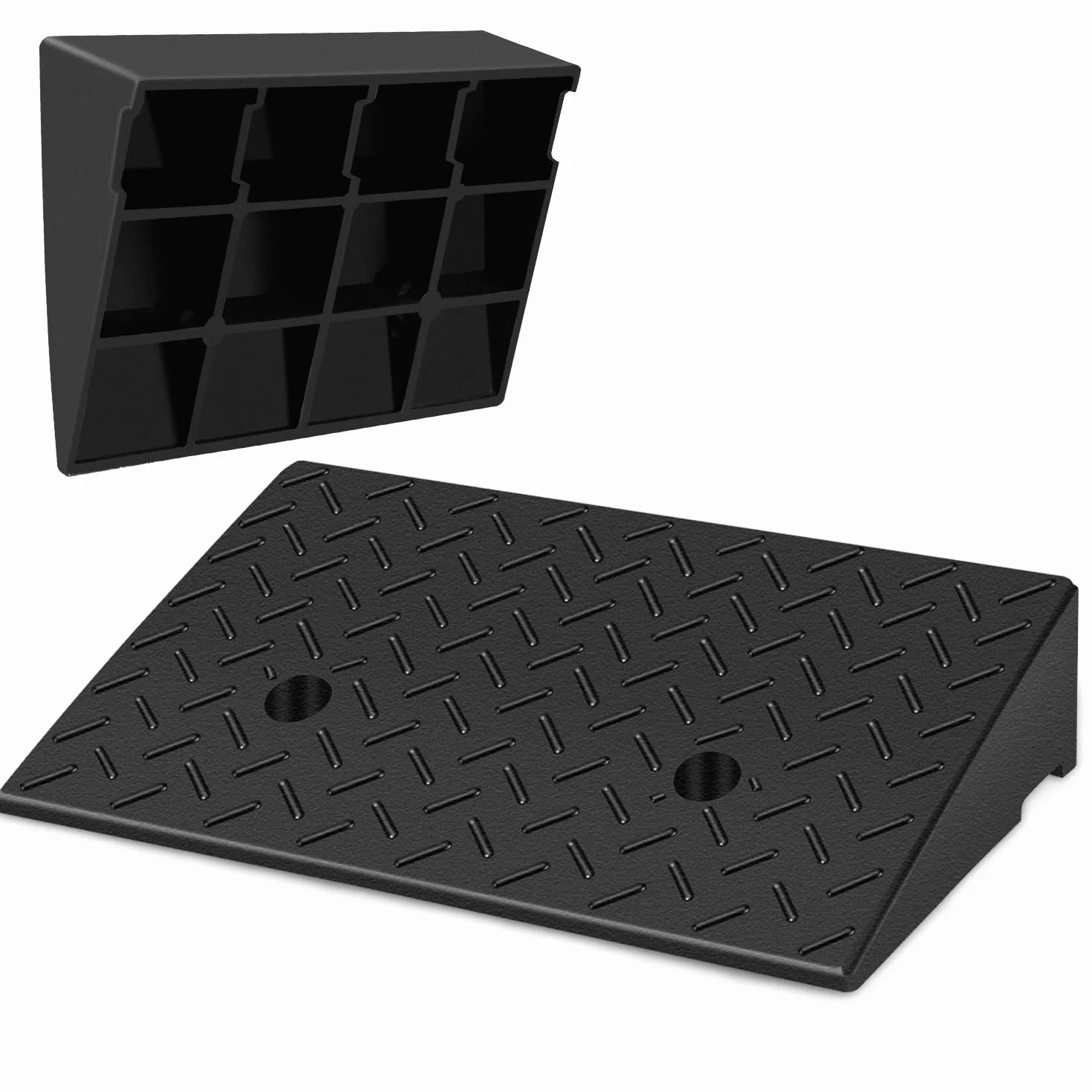 2 sztuki gumowych ramp krawężnikowych, wysokość 10 cm, antypoślizgowe rampy do krawężników, wózków inwalidzkich, samochodów, rampa najazdowa, rampa progowa z odwodnieniem, w zestawie zestaw