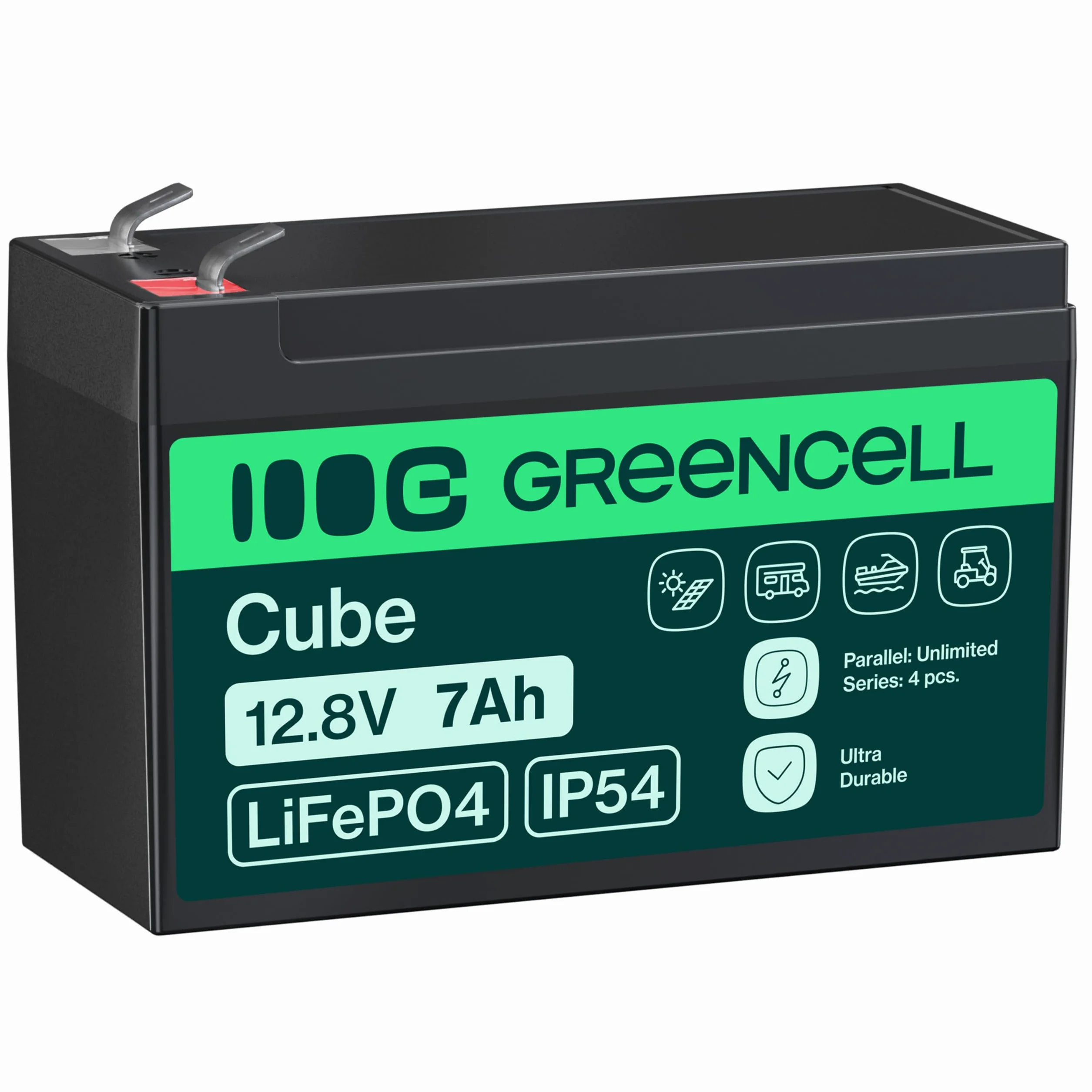 Green Cell CUBE LiFePO4 akumulator 7 Ah 12,8 V – akumulator litowo-żelazowo-fosforanowy do samochodów kempingowych, łodzi, instalacji solarnych, systemów off-grid, z BMS, lekki i bezpieczny