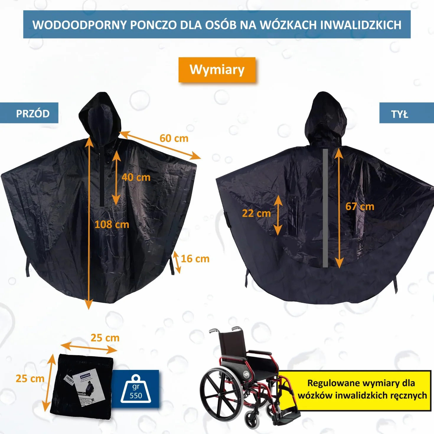wodoodporne ponczo na wózek inwalidzki – standard dla dorosłych – peleryna przeciwdeszczowa na wózek inwalidzki