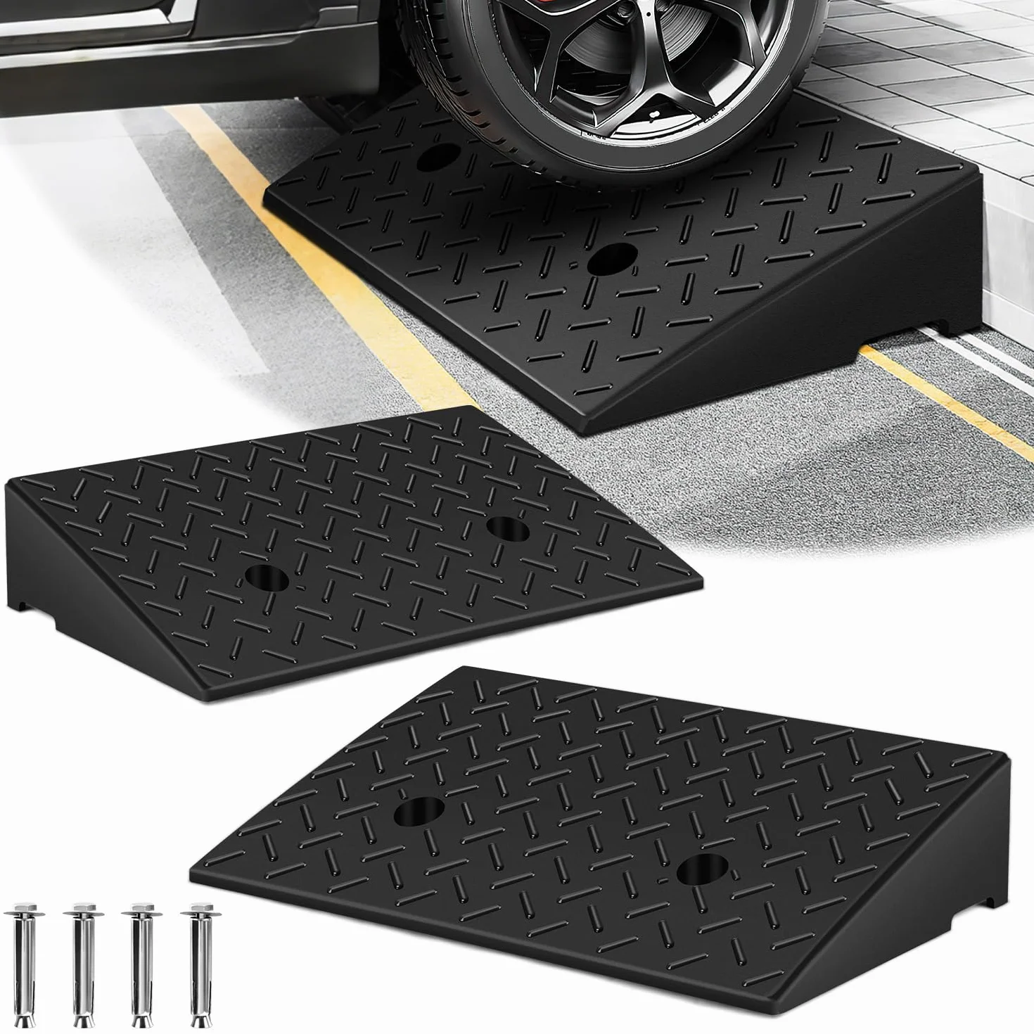 2 sztuki gumowych ramp krawężnikowych, wysokość 10 cm, antypoślizgowe rampy do krawężników, wózków inwalidzkich, samochodów, rampa najazdowa, rampa progowa z odwodnieniem, w zestawie zestaw