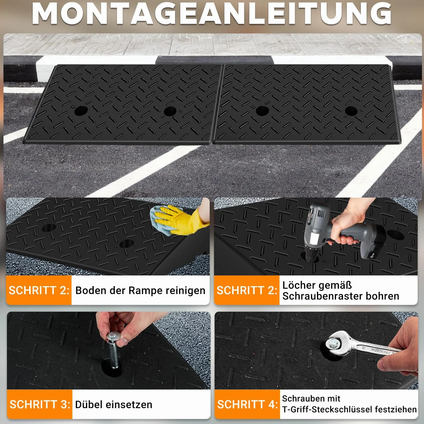 2 sztuki gumowych ramp krawężnikowych, wysokość 10 cm, antypoślizgowe rampy do krawężników, wózków inwalidzkich, samochodów, rampa najazdowa, rampa progowa z odwodnieniem, w zestawie zestaw
