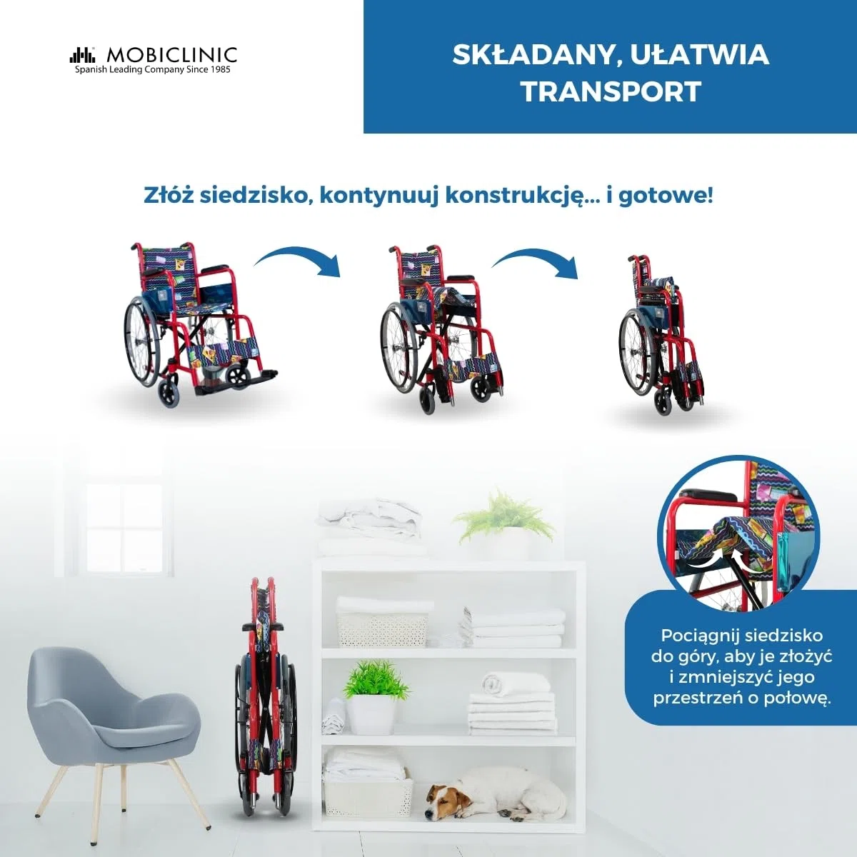 Mobiclinic, wózek inwalidzki dziecięcy, składany, hamulec na uchwytach, podnóżek i stałe ramiona, tapicerowane czerwonym nadrukiem, siedzisko, ultralekkie, model Teatro