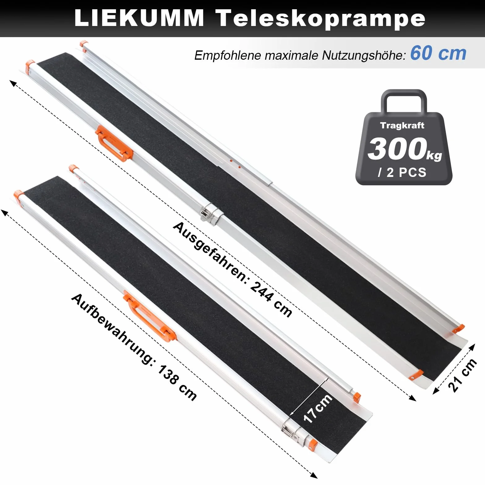 LIEKUMM Antypoślizgowa rampa ułatwiająca załadunek, 240 cm x 21 cm, regulowana, przenośna, aluminiowa rampa teleskopowa na schody i przeszkody, składana szyna ładująca (MR207N-8), 2 sztuki