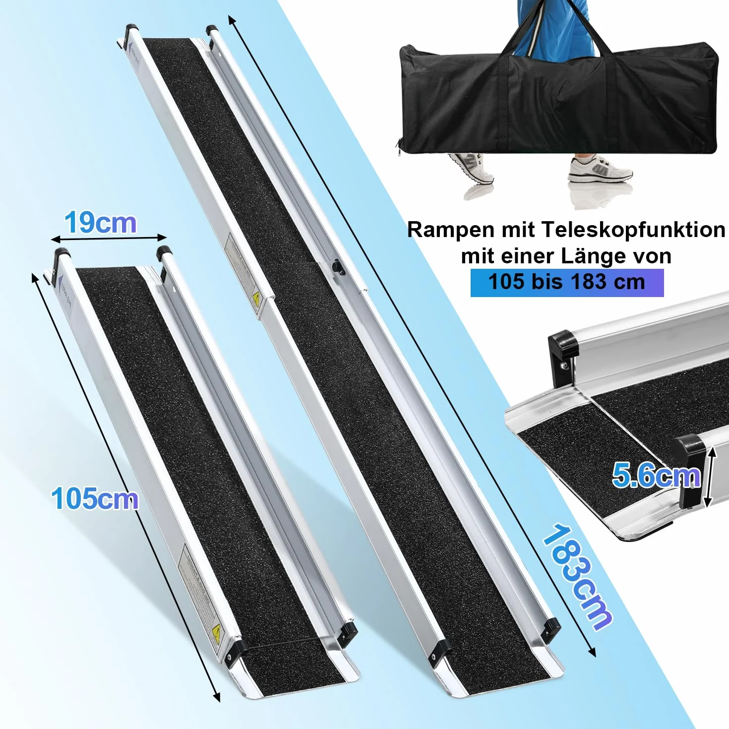 Sonnewelt Aluminiowa Rampa Teleskopowa dla Wózków Inwalidzkich - 105-183 cm, Udźwig 300 kg, Składana, z Torbą Tekstylną, do Schodów
