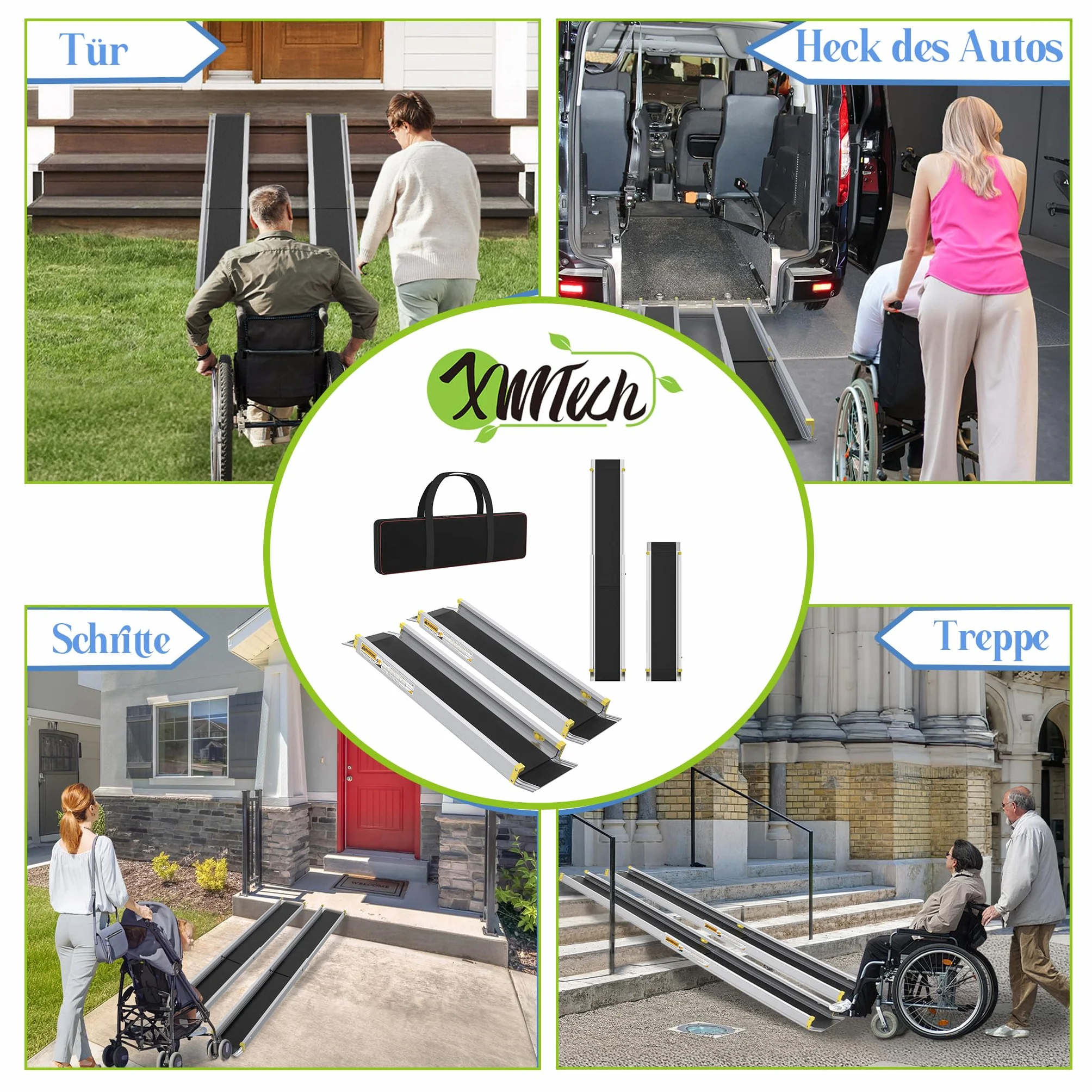 XMTECH Rampa najazdowa 107-183 cm, aluminiowa rampa teleskopowa z antypoślizgową okładziną i workiem do przechowywania, regulowana rampa załadunkowa o wadze 300 kg, na schody, przeszkody, do domu