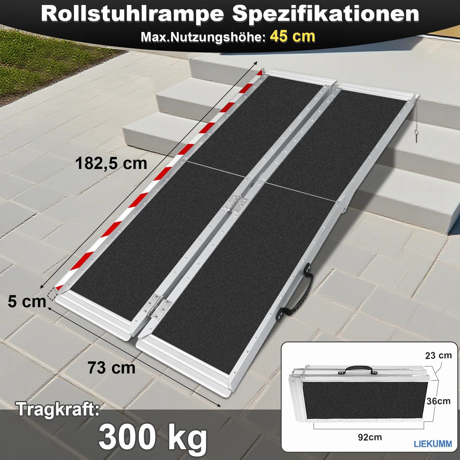 LIEKUMM 182,5 cm, antypoślizgowe, potrójnie składane rampy na wózki inwalidzkie do 300 kg, do progów drzwiowych, przenośne, aluminiowe rampy do wózków inwalidzkich i skuterów