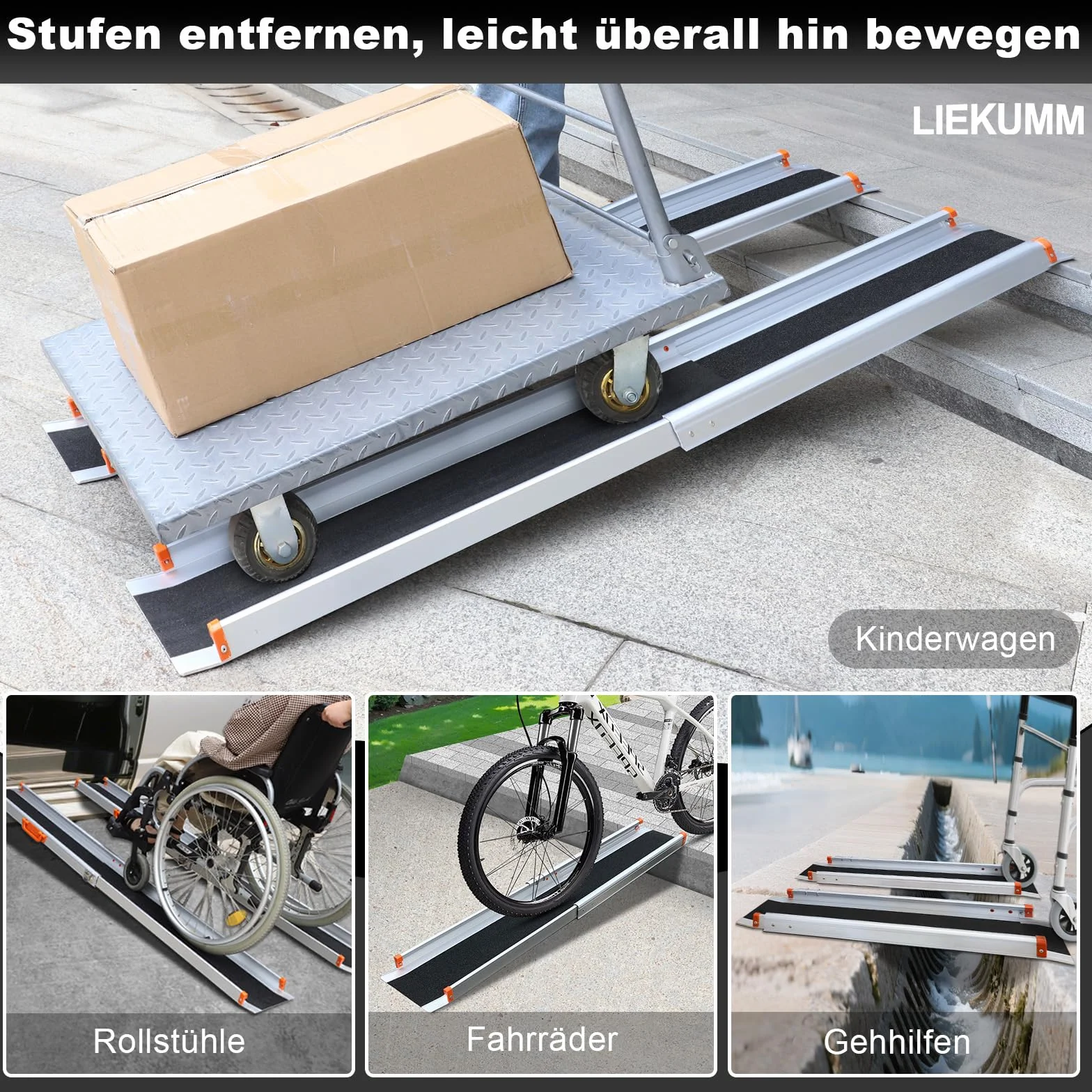 LIEKUMM Antypoślizgowa rampa ułatwiająca załadunek, 240 cm x 21 cm, regulowana, przenośna, aluminiowa rampa teleskopowa na schody i przeszkody, składana szyna ładująca (MR207N-8), 2 sztuki