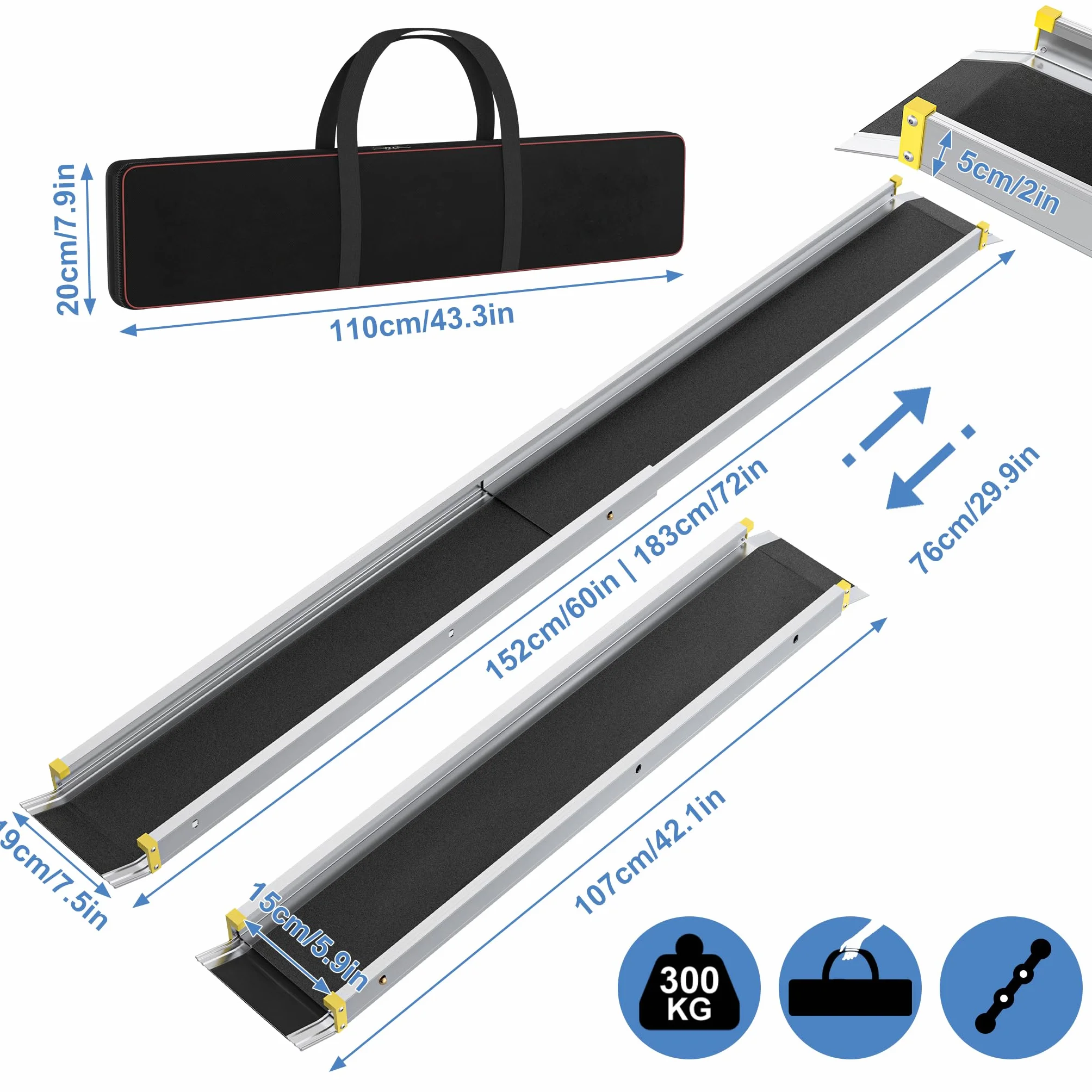 XMTECH Rampa najazdowa 107-183 cm, aluminiowa rampa teleskopowa z antypoślizgową okładziną i workiem do przechowywania, regulowana rampa załadunkowa o wadze 300 kg, na schody, przeszkody, do domu